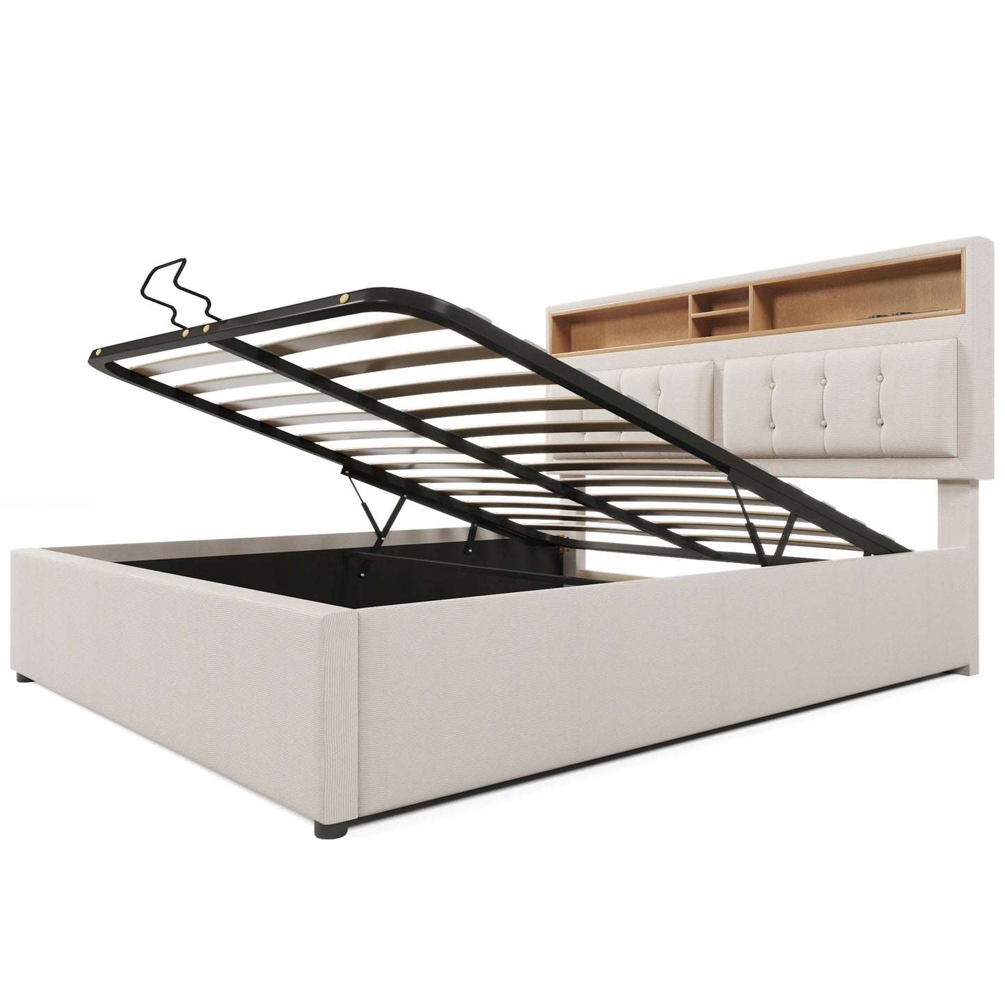 KOMHTOM Polsterbett Doppelbett Jugendbett Leinen - USB C Steckdose Ladefunktion im Kopfteil, Stauraumbett, ohne Matratze