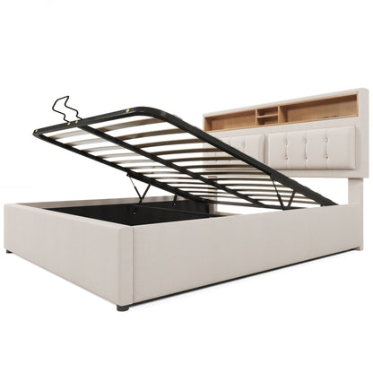 KOMHTOM Polsterbett Doppelbett Jugendbett Leinen - USB C Steckdose Ladefunktion im Kopfteil, Stauraumbett, ohne Matratze