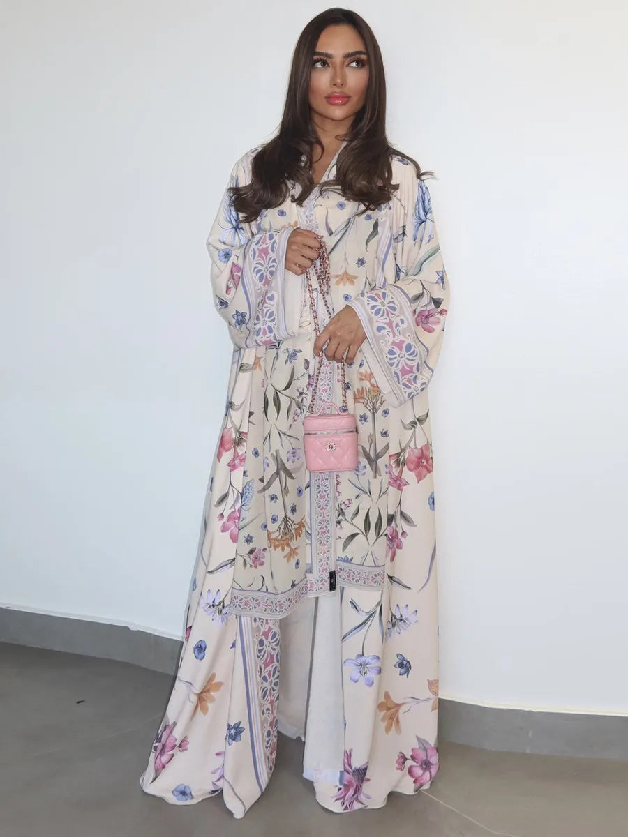 Muslim Women Dubai Abaya Luxury Floral Print Kimono Cardigan Hijab Long Dress Kaftan Ramadan Robe Femme Islam Clothing Kebaya.