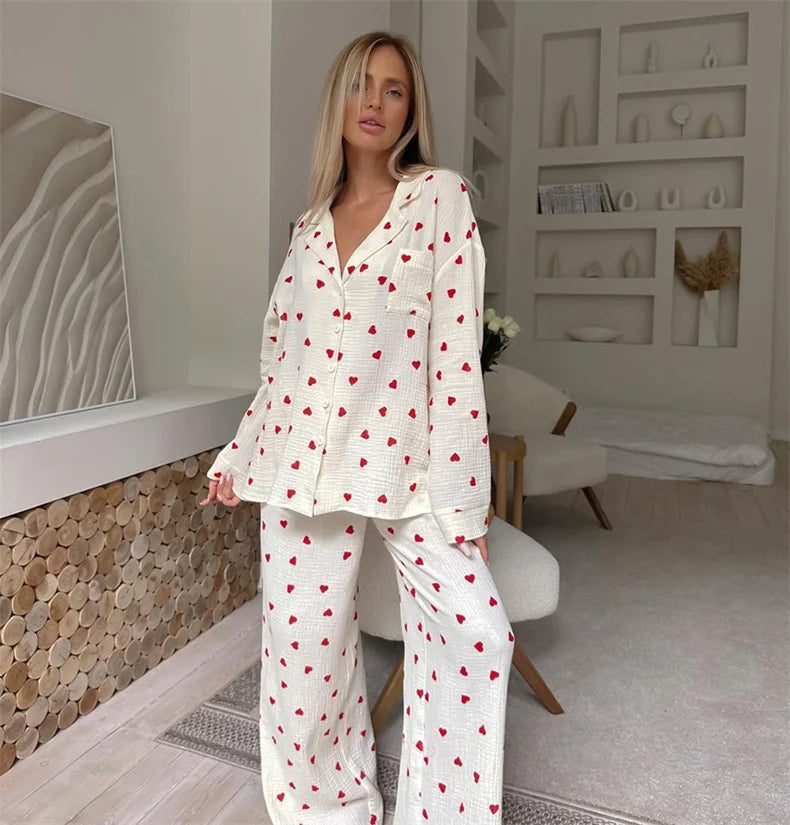 Sommer Neue Liebe Herz Druck Pyjama 100% Baumwolle Langarm Set 2Pcs Outfit Revers Nachtwäsche Taste Unten frauen pyjamas Nachtwäsche