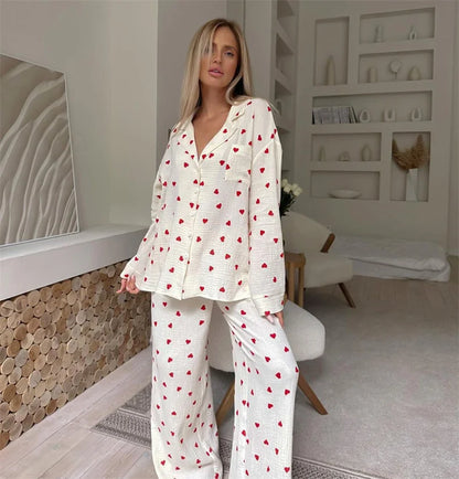 Sommer Neue Liebe Herz Druck Pyjama 100% Baumwolle Langarm Set 2Pcs Outfit Revers Nachtwäsche Taste Unten frauen pyjamas Nachtwäsche