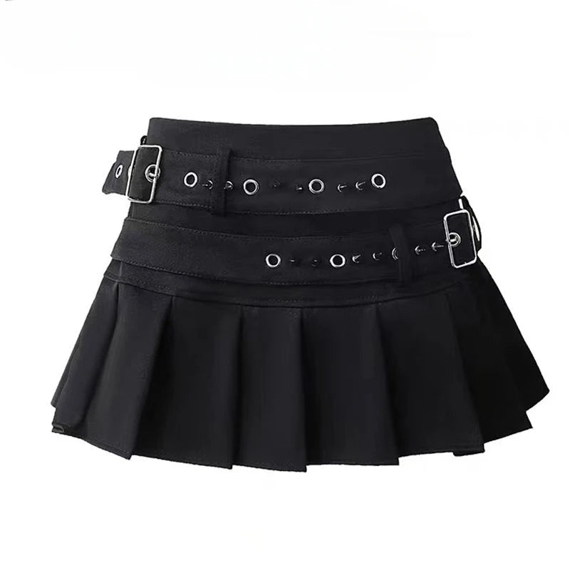 New fashion design double belt pleated skirt for women in summer Korean style versatile high-waisted slim short skirt.