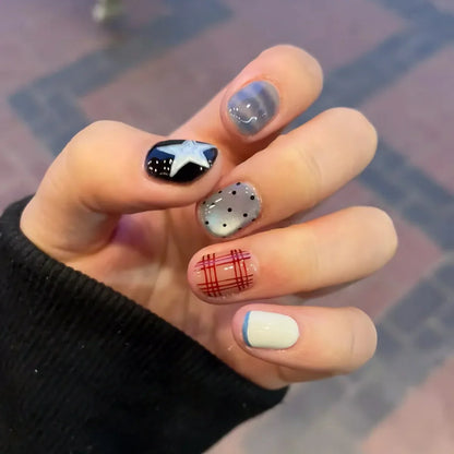 10pcs Short Oval Shaped Press-On Nails - Color Block Stripes & Star Designs Glossy Mix-and-Match False Nails for Women and Girls.