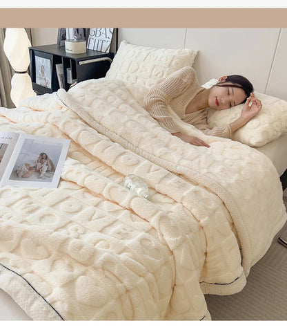 Heart Pattern Coral Fleece Blanket Autumn Winter Double Layer Thicken Warm Plush Blanket for Bed Fluffy Soft Sofa Throw Blankets