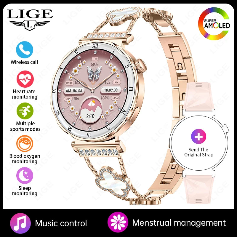 LIGE Luxury 1.19” AMOLED Screen Smart Watch Women Health Monitor Women's Wristwatch Bluetooth Call Waterproof Ladies Smartwatch