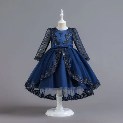 Party-Tüll-Kleider für Mädchen, langärmelig, Spitze, Perlen, nachgestelltes Prinzessinnenkleid für Kinder, Hochzeit, Geburtstag, Performance, Abendkleid
