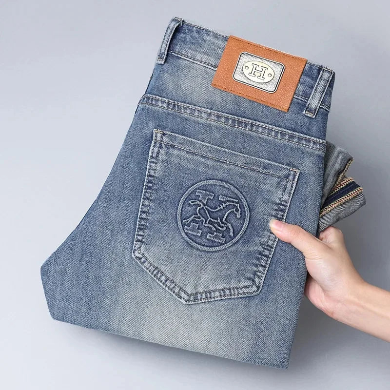 2024 Men's Fashionable Simple Stretch Slim Fit Denim Trousers European Style High Quality Casual Export Men Pants
