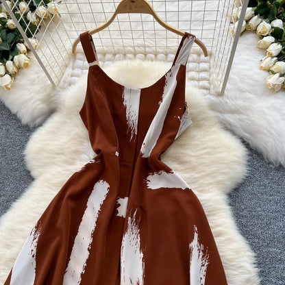 Neue Sommer Druck Süße Kleid Träger O Neck Backless Split Elegante Damen Urlaub Strand Party Midi Sommerkleid