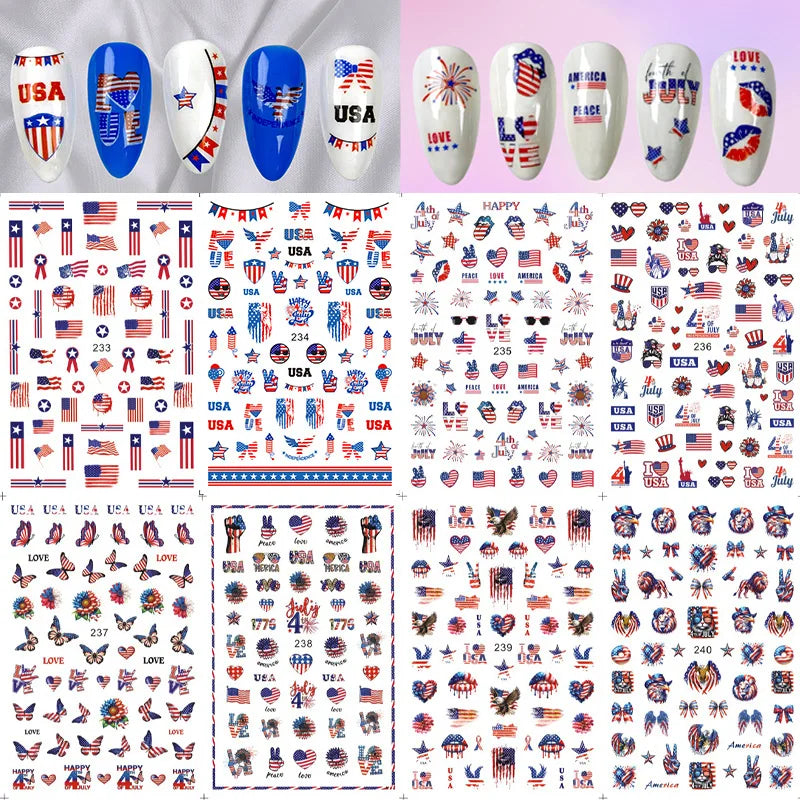 8Pcs/Set 3D USA Independence Day Nail Stickers America Flags Design Self-Adhesive Nail Art Decals DIY Manicure Decor Sliders &#.