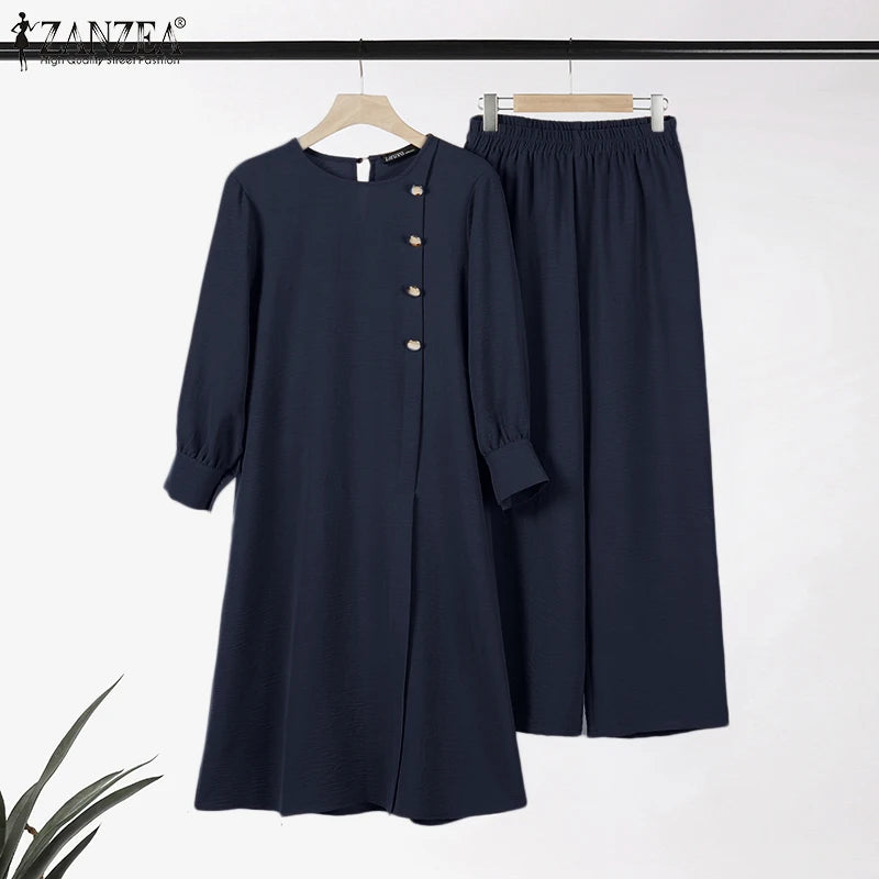 ZANZEA Muslim Abaya Suit Elegant Women Matching Sets Fashion Long Shirt Tops & Wide Leg Pants Ramadan Outfits Urban Tracksuits.
