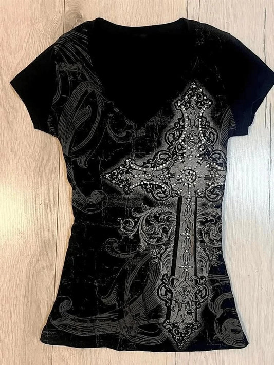 2025 Ropa Mujer Summer Tshirts for Women V-neck Short Sleeve Tunic Camisetas Pink Print Tees Crop Tops Casual Chic Y2k T-shirt.