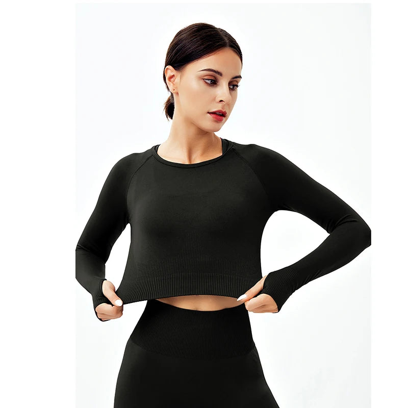 Women's Shirt Seamless Crop Top Fitness Shirts Long Sleeve Sports Top Woman Yoga Tops Activewear With Thumb Hole Sportswear.