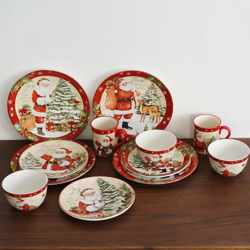 Christmas Themed Ceramic Dinner Plates Tableware Set Underglaze Color Process Coffee Cup Soup Bowl Santa Claus Steak Plate.