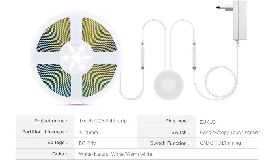 24V 10m Touch Dimmer und Hand Sweep Sensor Schalter Cob LED Streifen Licht 120leds/m LED Band Band linear dimmbar für Raum dekoration.