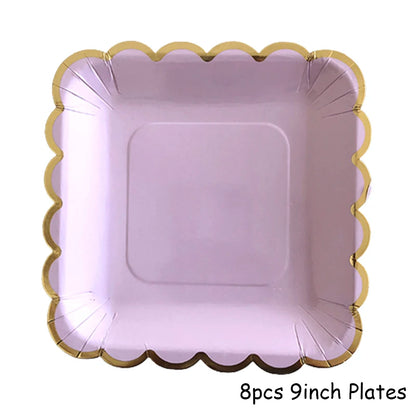 Purple Gold Party Paper Cup Plate Straw For Birthday Carnival Kids Favors Wedding Decor Disposable Tableware Party Supplies.