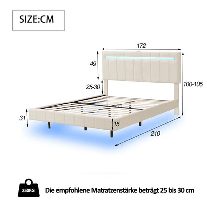 Rosahqnda Polsterbett 140/160 x 200 cm, LED-Schwebebettgestell mit USB-Ports, Doppelbett ohne Matratze, Leinenstoff