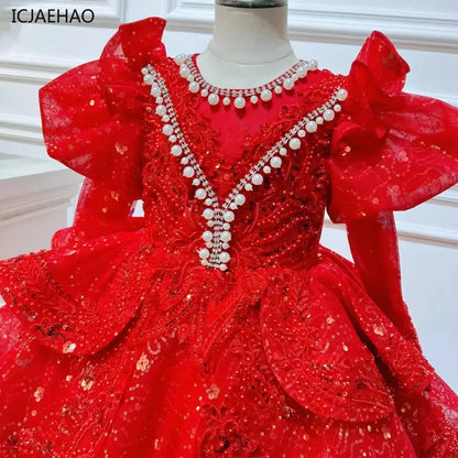 2025, Kinderkleid, Performance-Outfit, Mädchen, Blumen-Pailletten, geschwollenes Kleid, rote Partykleidung, Kinder, Mädchen, Geburtstag, Prinzessinnenkleider, glitzernd