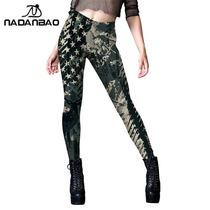 NADANBAO Leggings Women Sporty Pants Camouflage Green Star print Outdoor Hiking Fitness Workout Elastic Sexy Tights Trousers.