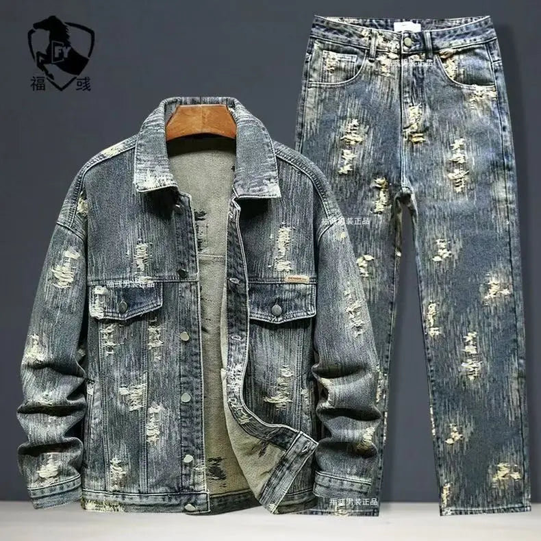 Spring Autumn New American Denim Coats Set Classic  retro Cowboy Jeans Trendy Two-Piece Sets Versatile Outerwear Casual Jacket.