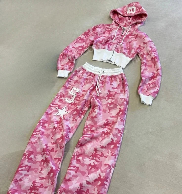 Y2K Fashion Pink Letter Graphic Zipper Sportswear Clothes Women's Casual Short Top Set Sweatshirt Loose Sport Pants.