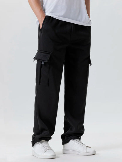 Autumn Men's Cargo Pants Loose Straight Trousers Multi-Pockets Drawstring Casual Sports Pants Solid WorkWear Joggers Long Pants.