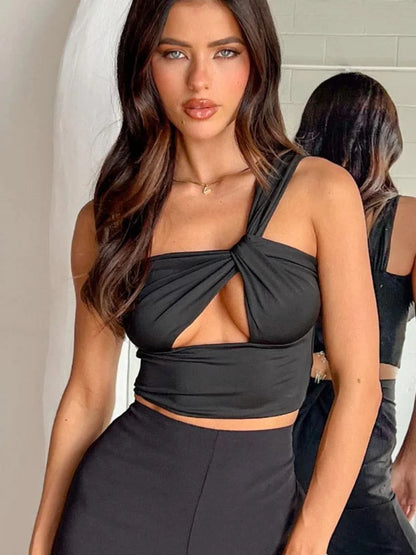 Tossy Sexy One Shoulder Twist Bandage Top Women Sleeveless Front Cut Out Criss Cross Casual Backless Club Party Crop Top Lady.