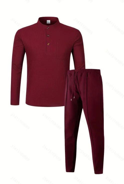 Men's Waffle Check Stand-Up Collar Semi-Casual Business Suit Two-Piece Set Button-Down Top with Comfortable Trousers.