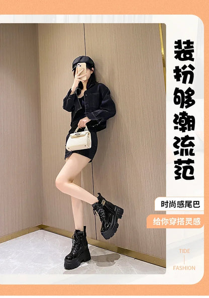 Women's High Platform Motorcycles Boots Winter 10CM Wedge Heels Warm Ankle Boots Chunky Sneakers New Autumn Leather Shoes Woman.