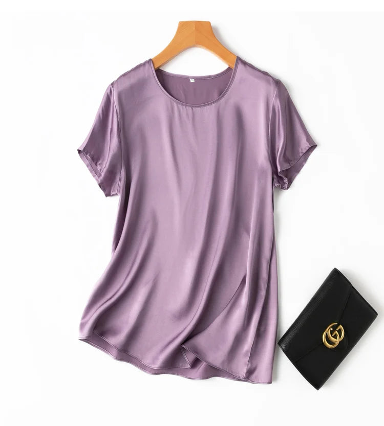 Women 100% Mulberry Silk 19 Momme half sleeve Crew Neck Top Shirt Blouse T-shirt More Colors M L XL MM4270