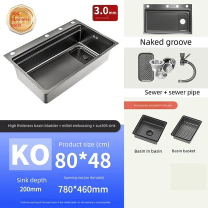 Black 304 Stainless Steel Kitchen Sink Household Multifunction Wash Dish and Vegetables Basin Large Single Slot Undermount Basin