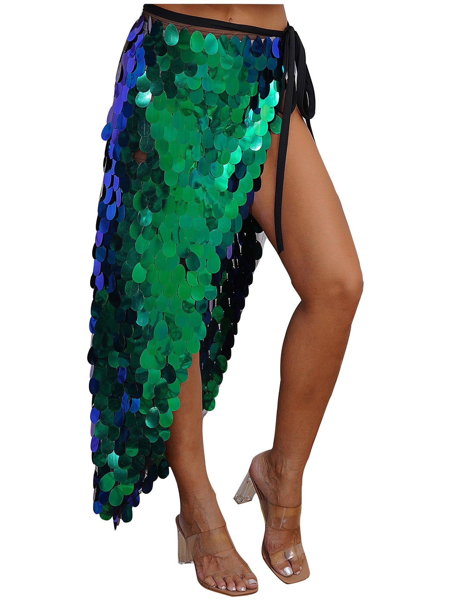 Womens Sequins Dance Skirt Lace-Up Mermaid Hip Scarf Wrap Long Belly Dance Hip Skirt Festival Dance Stage Performance Costumes