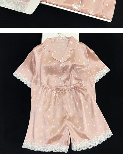 Frauen Neue Sommer Eis Seide Ins Sterne Floral Süße Pyjamas Mädchen Sommer Kurzarm Shorts Studentenwohnheim Homewear Anzug.