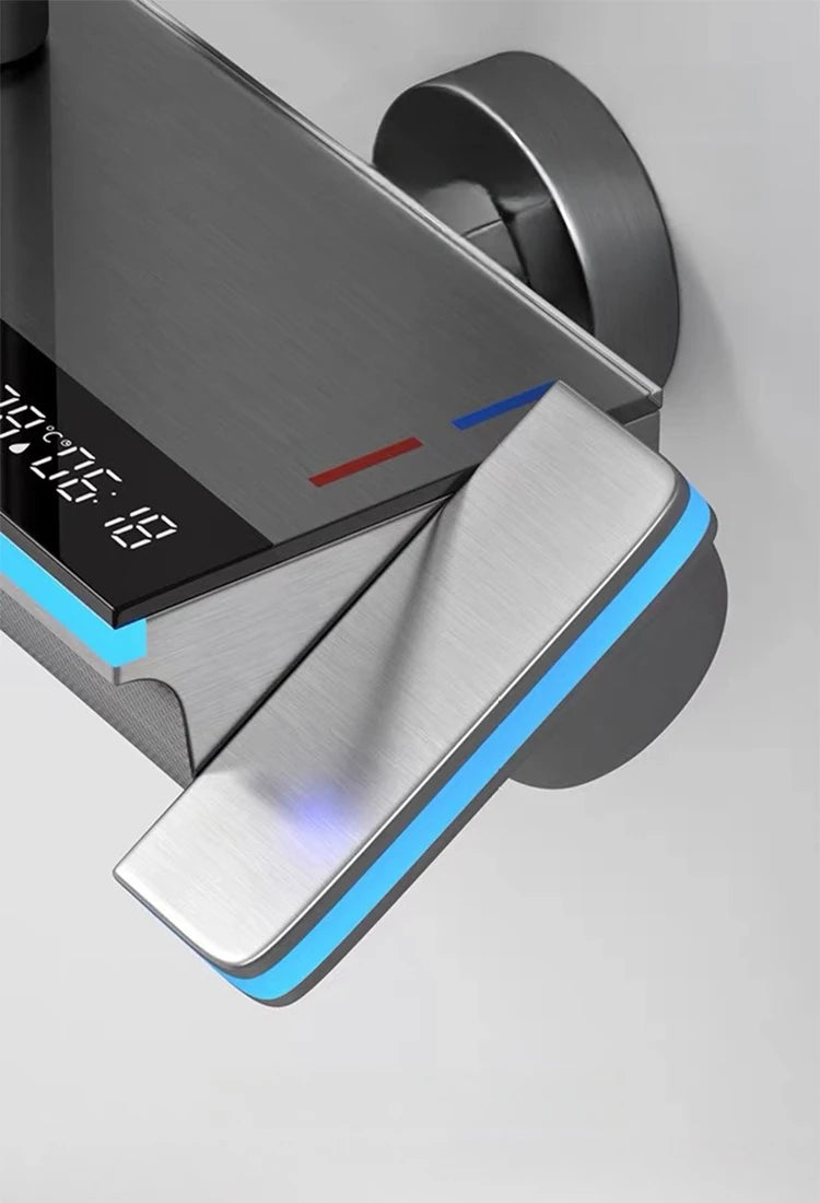 Bathroom Luxury Shower Faucet System with Lights Tempered Glass Shower Set Digital Display Copper Mixer Shower Faucet Set