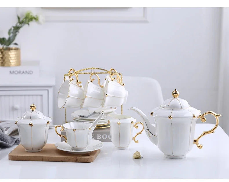 Gold Pearl Bone China Coffee Set British Porcelain Tea Luxury Ceramic Pot Creamer Sugar Bowl Teatime Teapot Cup Mug.