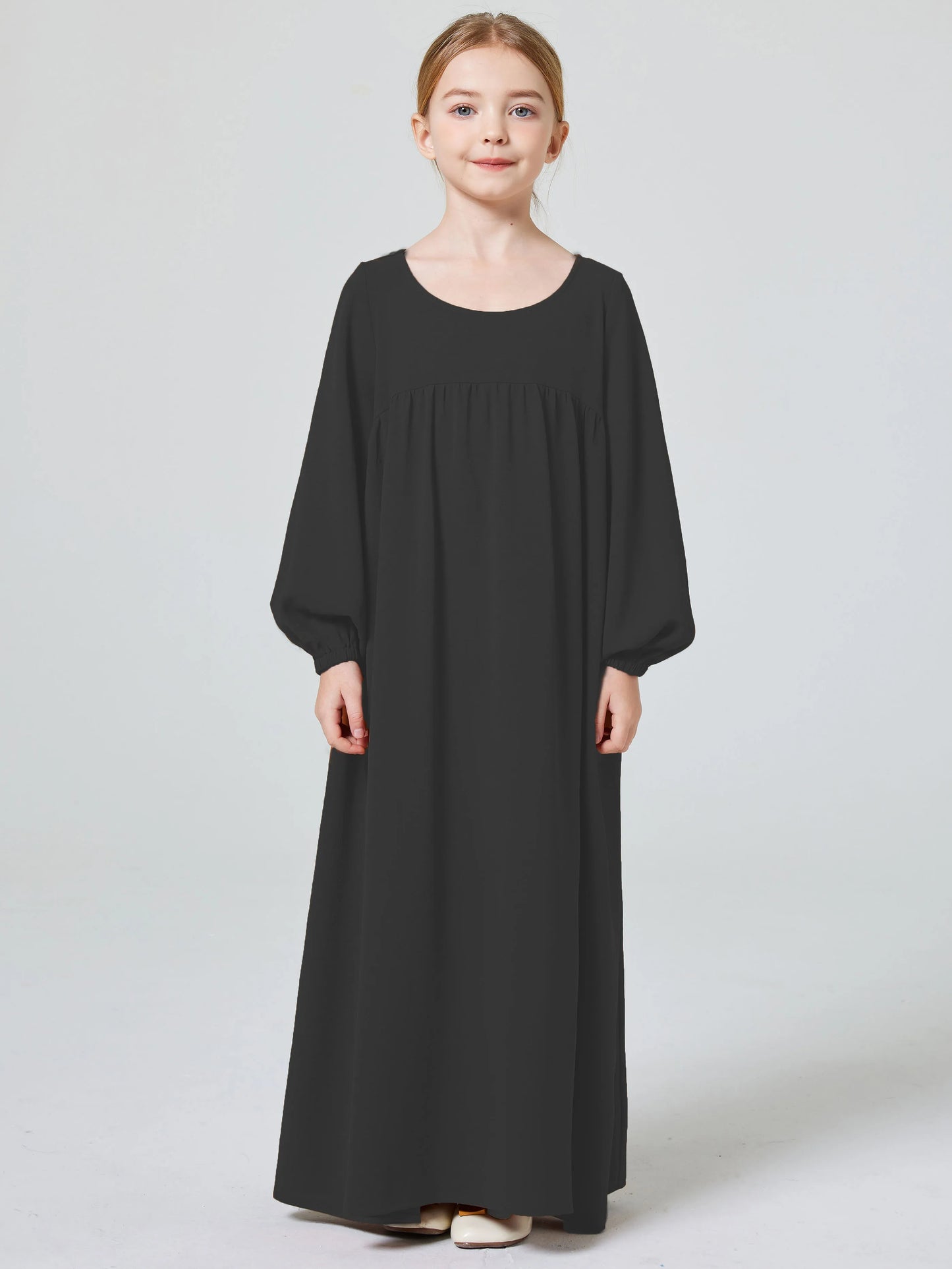 Kids Abaya Ramadan Muslim Dubai Elegant Girl's Solid Crew Neck Long Sleeve Kaftan Kebaya Dress For Party Pray Gift.