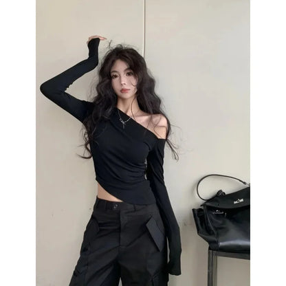 SexySpicy Girl Style Blackoff-the-Shoulder Long Sleeve T-shirt Slimming Smooths Your Silhouette Nefarious Crossbody Top For Wome