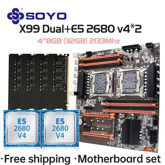 SOYO X99 Dual CPU Gaming Motherboard Kit lntel Xeon E5 2680 V4*2&DDR4 32GB (4*8GB) LGA2011-3 M.2 NVME for Desktop Computer Host.