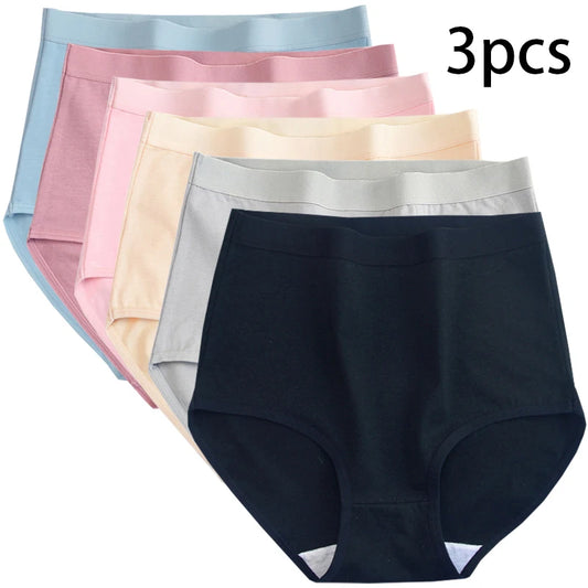3pcs Cotton Women Panties Lady Plus Size Underwear Large Size High Waist Briefs Breathable Solid Color Female Lingerie.