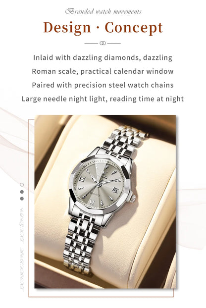 OLEVS Elegant Fashion Ladies Watches 9998 Original Quartz Women's Watches Waterproof Stainless Steel Luminous Date Wristwatch.