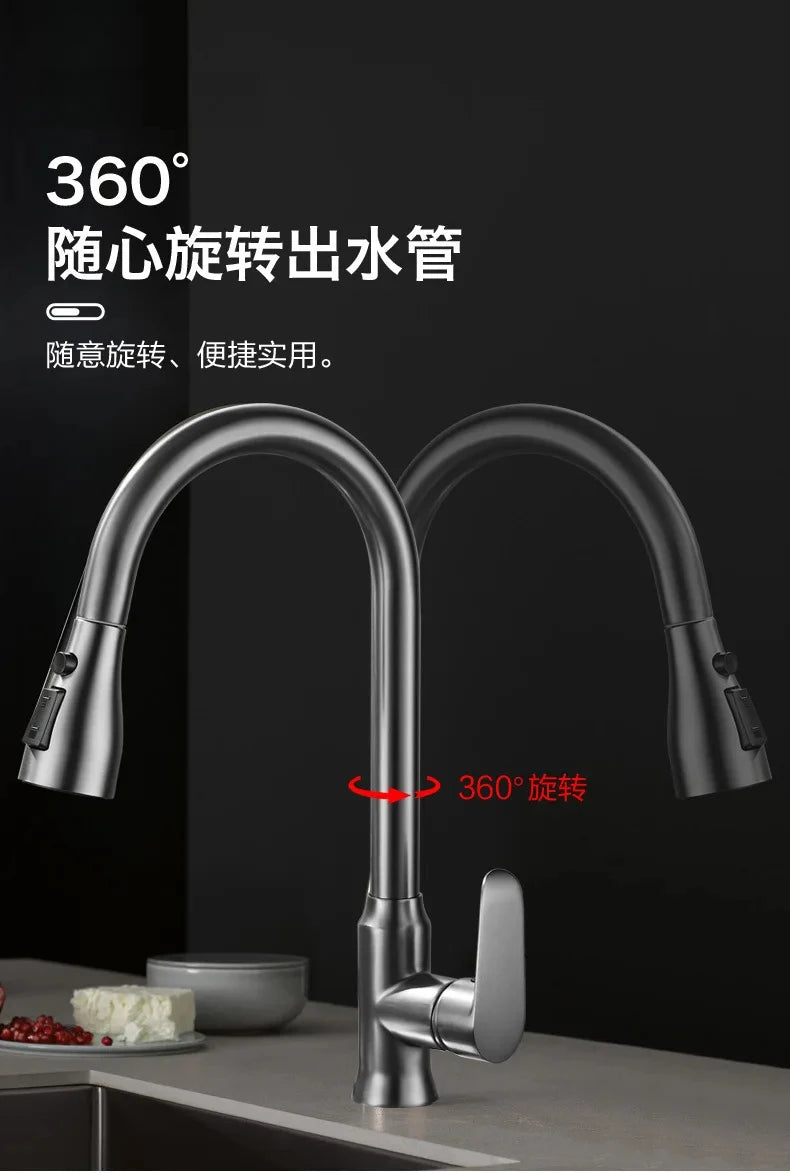Kitchen faucet pull-out spray head 360 degree rotation hot and cold water pull-out black and silver single hole kitchen faucet