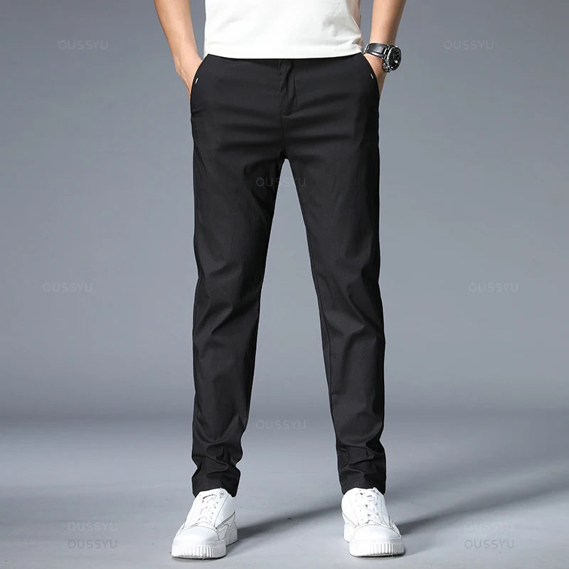 Spring Summer Casual Pants Men Thin Stretch Slim Fit Elastic Waist Business Classic Korean Trousers Male Khaki Gray 38.