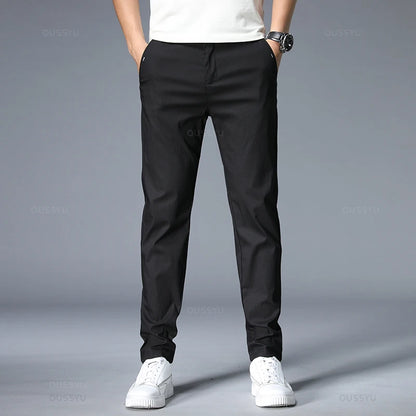 Spring Summer Casual Pants Men Thin Stretch Slim Fit Elastic Waist Business Classic Korean Trousers Male Khaki Gray 38.