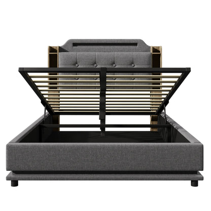 140*200cm Polsterbett mit LED-Lichtleiste und mehreren Ablagefächern, für Schlafzimmerwäsche, Beige (ohne Matratze)