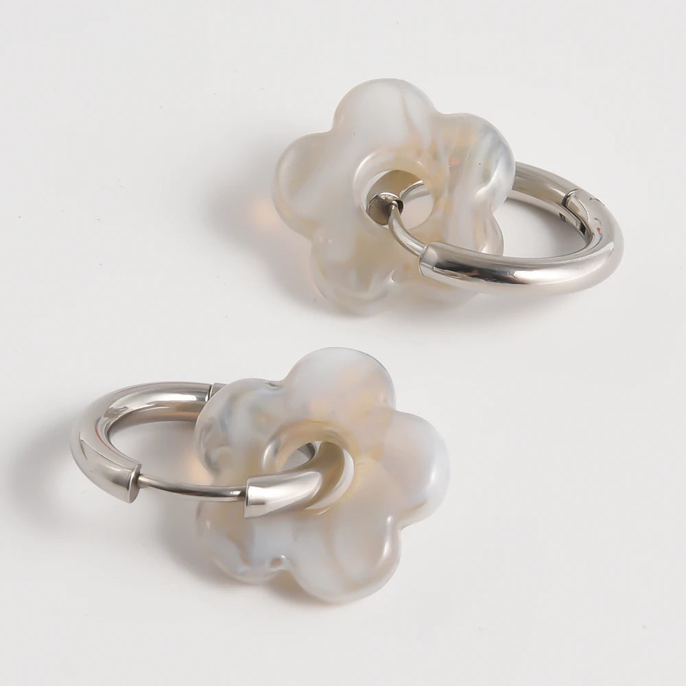 Colorful Flower Glass Drop Charms Earring Gold Color Circle Ear Buckle Hoops Stainless Steel Earrings Fashion Jewelry for Women