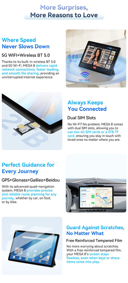 Blackview Mega 8 [No EU Charger] Tablet 11000mAh 13" FHD Display 36GB+512GB 50MP+13MP+0.08MP Android 15 90Hz 2K Dual SIM 4G 1080P