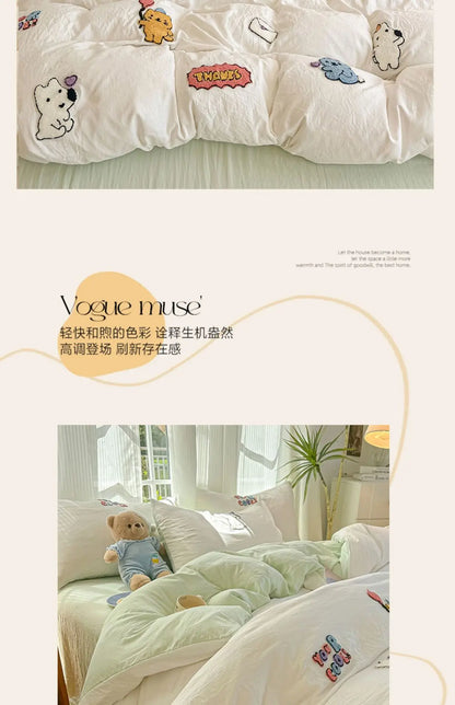 New washed cotton towel embroidery four-piece set animal paradise bed sheet bed hat home student dormitory three-piece set.