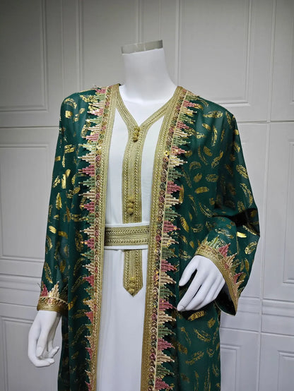 Muslim Abaya 3 Piece Set Women Party Dresses Cardigan Robe Sashes Suit Bronzing Jalabiya Ramadan Morocco Dubai Kaftan Vestidos