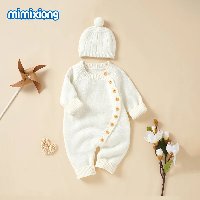 Baby Rompers Knitted Autumn Long Sleeve Newborn Boys Girls Jumpsuits Hats Outfits Sets Winter Solid Infant Netural Overall 0-18m