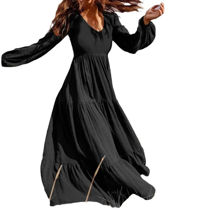 Women Summer dress 2025 new fashion casual solid color v neck long sleeve temperament big swing dresses women vestidos TXGL519.