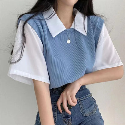 Summer Blouse Women Korean Style False Two-piece Polo Collar Blouses Y2k Tops Streetwear Loose Youth Pullovers Elegant Shirt.